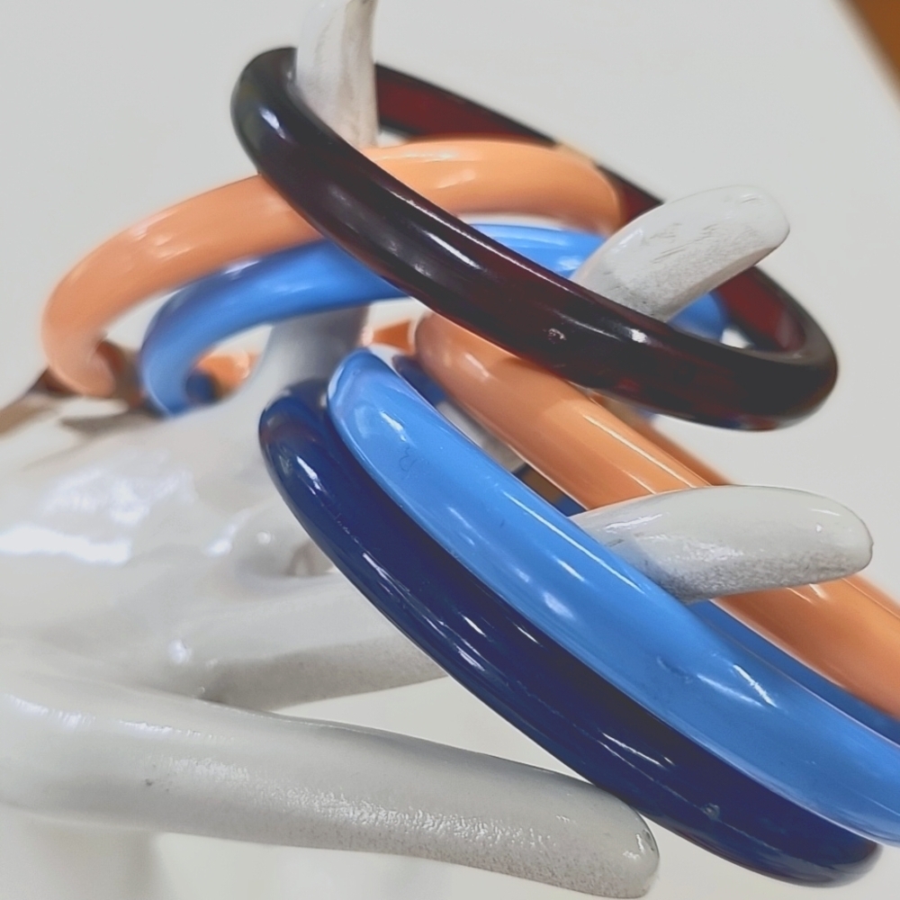 Vtg 80s Colorful Bangle Set, Peach, Navy, Brown & Blue